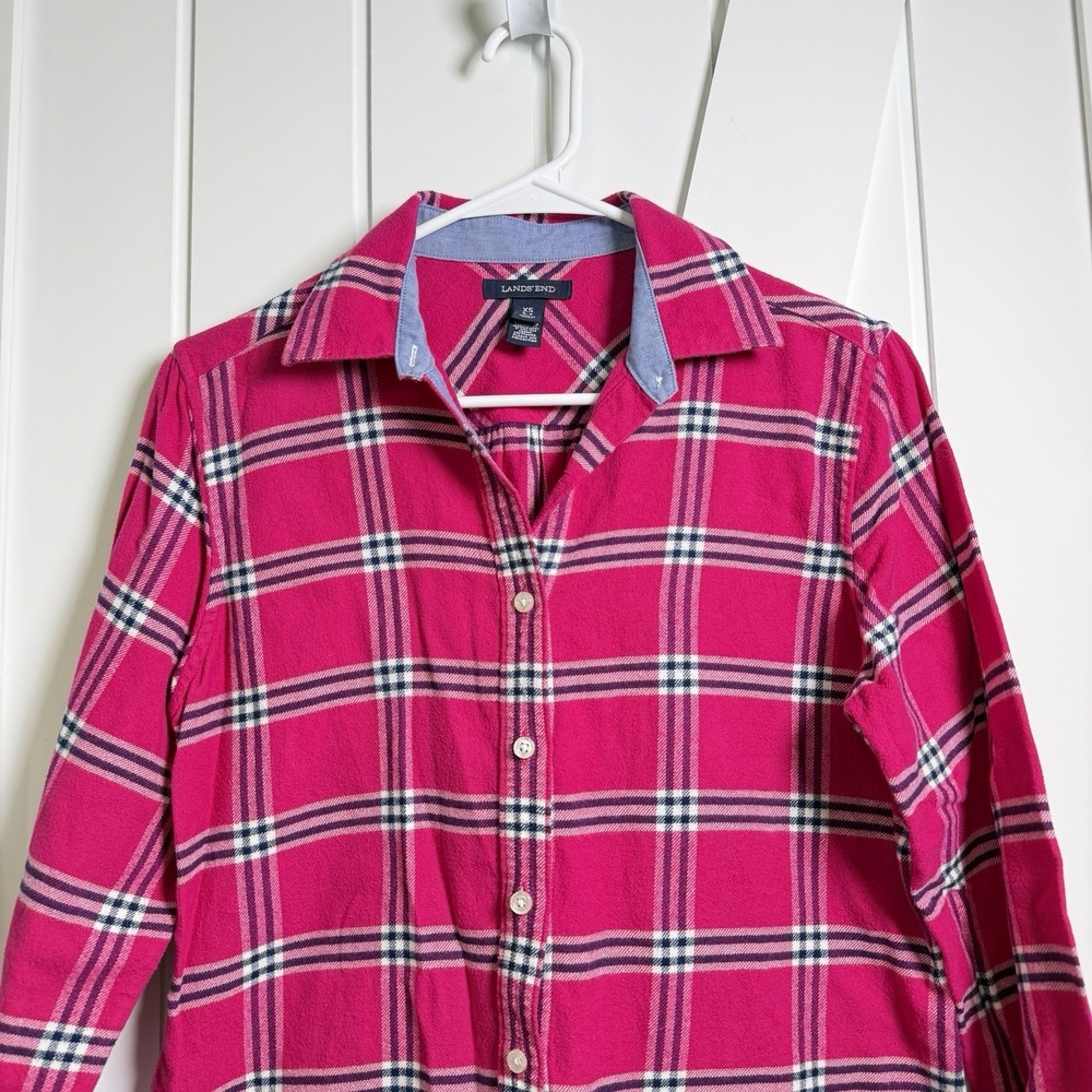 Lands' End plaid flannel shirt pink Women's Size XS 100% Cotton Preppy Normcore - Picture 2 of 7